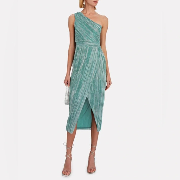 NWT Saylor Alorna One-Shoulder Metallic Midi Dress Green Size Large - Picture 1 of 16